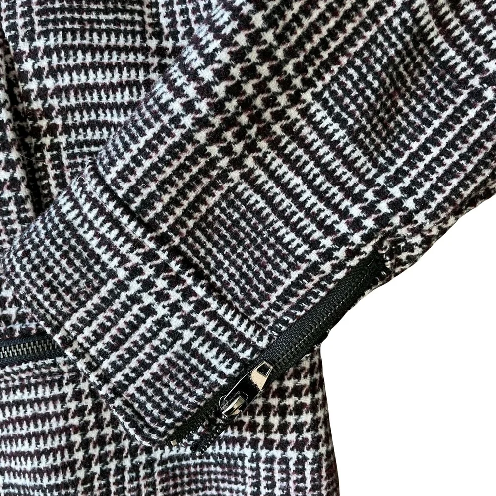 Maroon Black White Womens Wool Jacket Coat Plaid Houndstooth Double-Breasted M